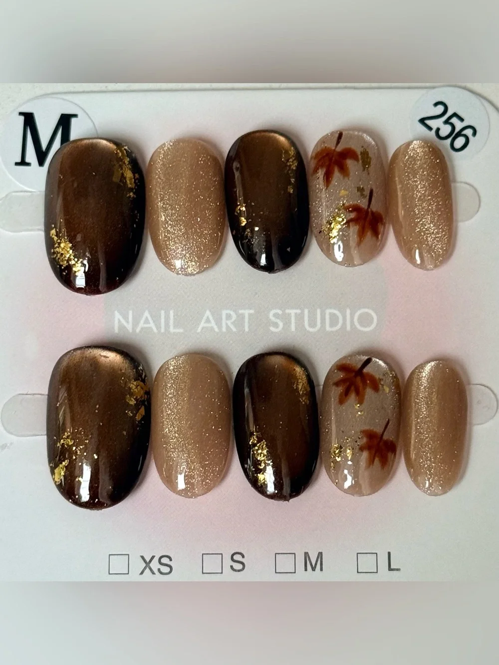 Neutral Brown & Gold Autumn Leaf Press-On Nail Set Fall Special Size M
